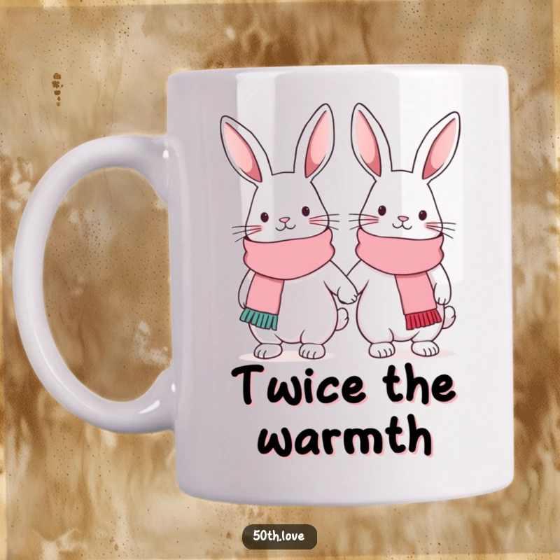 Funny friendship mug with two cute bunnies in festive scarves, linked arm-in-arm, symbolizing togetherness and warm bonds.
