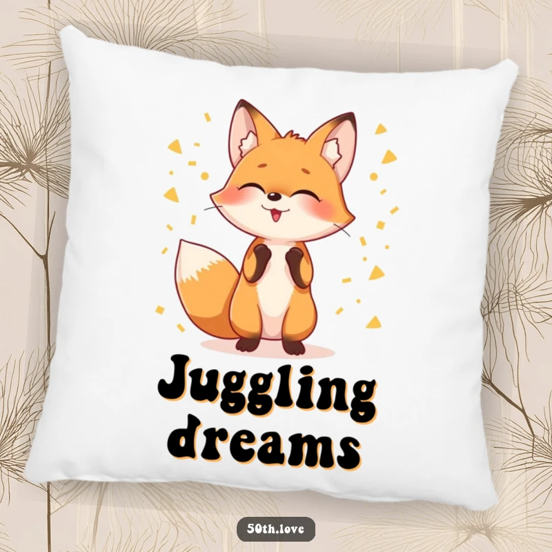 Funny pillow featuring a giggling fox juggling golden confetti, perfect for adding a cozy and cheerful accent.