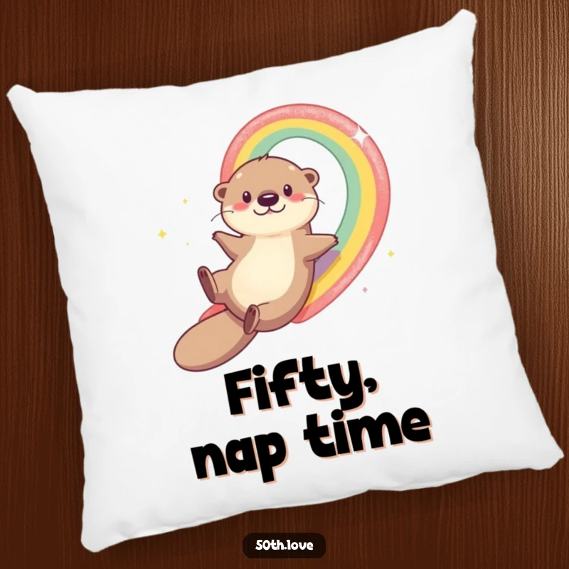Funny otter sliding down a vibrant rainbow toward number 50, displayed on a soft pillow, perfect for a cozy and funny 50th birthday.