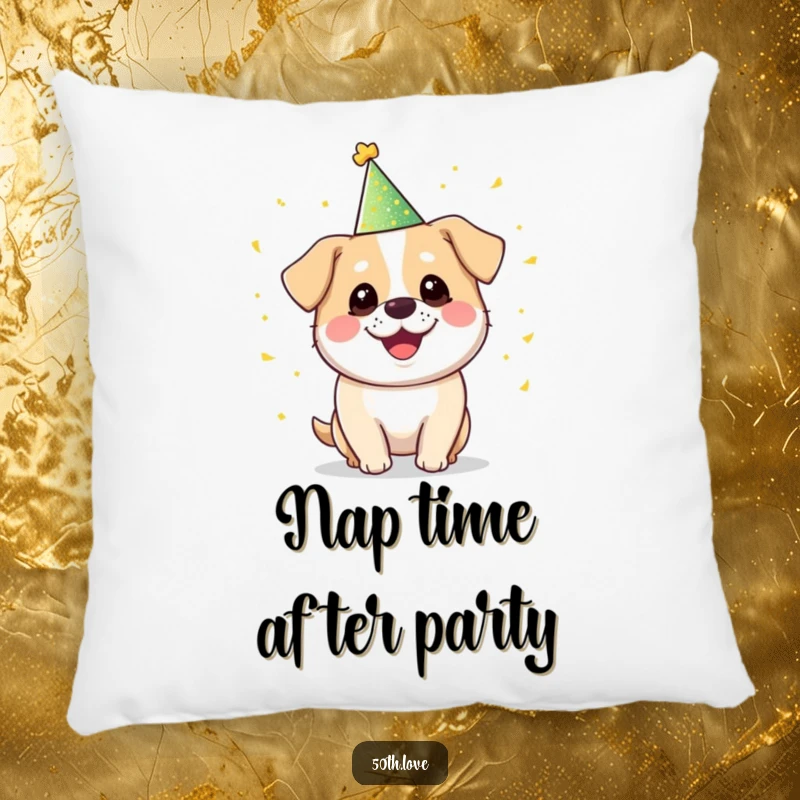 Funny 'Party Dog' Pillow: A round, smiling dog wearing a sparkly hat juggles golden confetti with a playful expression.