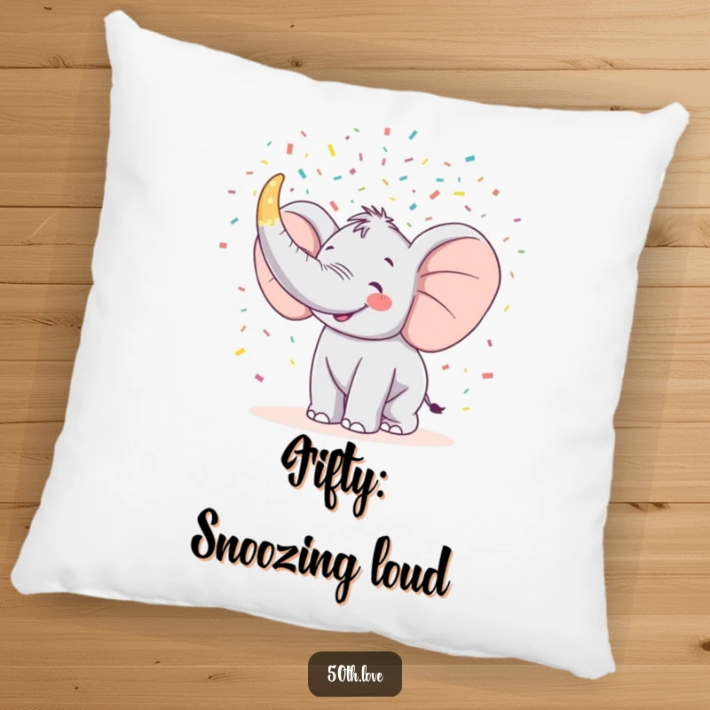 Funny pillow with a happy elephant blasting confetti from a giant horn designed as the number 50.