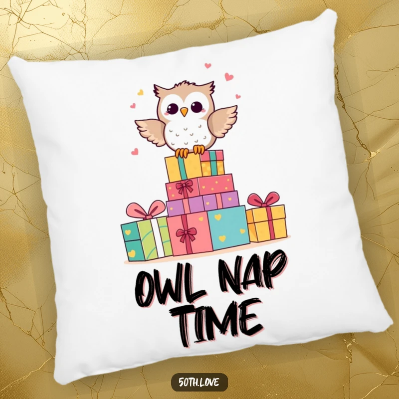 Funny pillow featuring a happy owl character hooting happily on a stack of colorful anniversary presents.