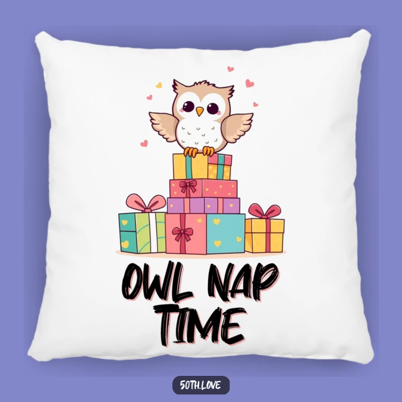 Funny Owl Anniversary Pillow: Happy Character Hooting on Gift Stack Accent
