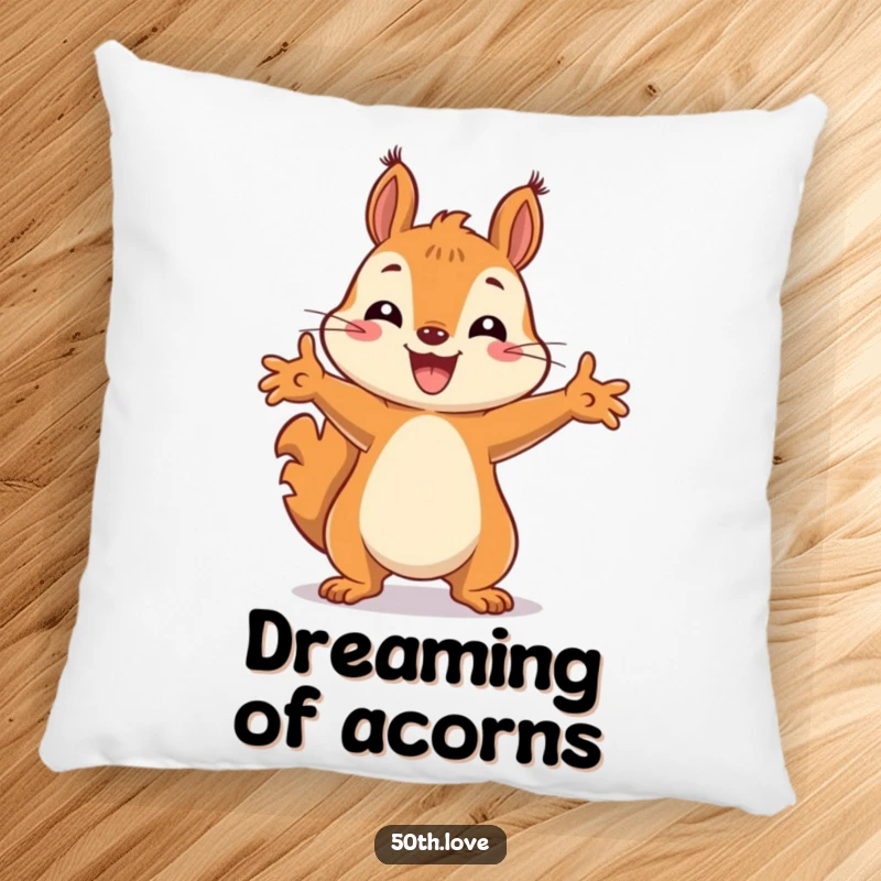 Funny pillow featuring a delightful squirrel in a celebratory pose, ready to bring cheer and comfort.