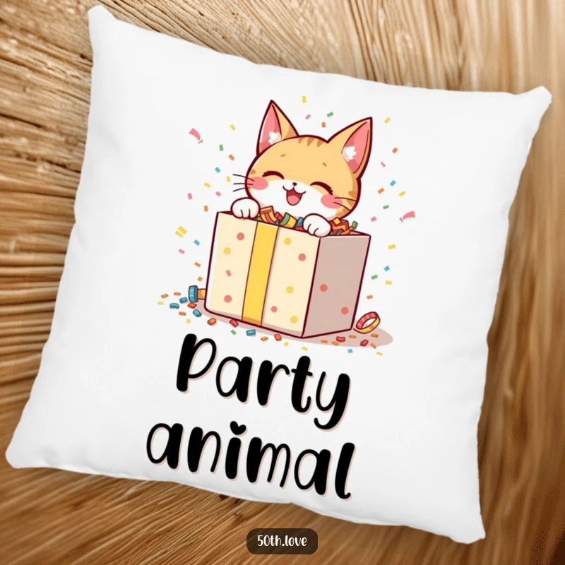 Funny pillow featuring a cheerful cat character in the midst of unwrapping a confetti-filled gift box, looking ecstatic.