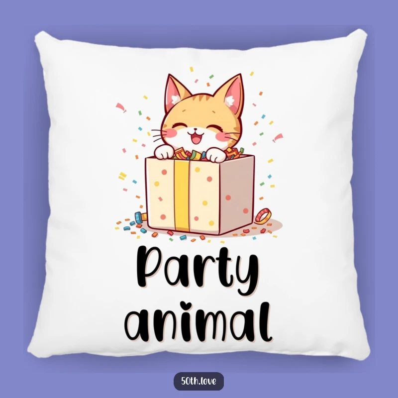 Funny Cat Unboxing Pillow: Cheerful Character Opening Confetti Gift Accent