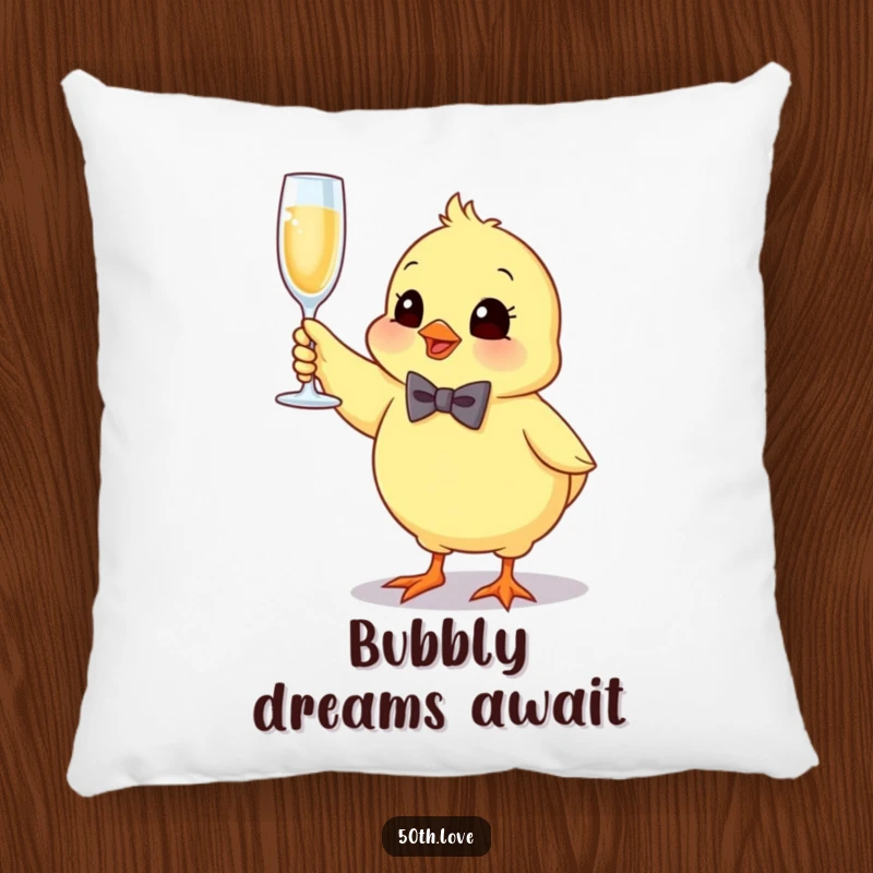 Funny chick pillow with a bow tie, bouncing happily and holding a sparkling champagne flute, perfect for festive decor.