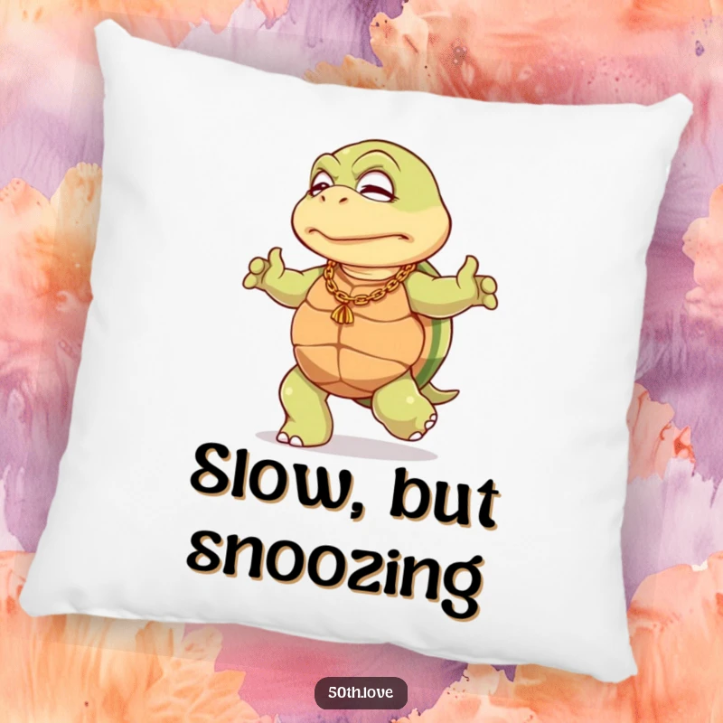 Funny 50th birthday pillow with an elderly turtle in a gold chain, doing a slow dance, adding humorous comfort and style.