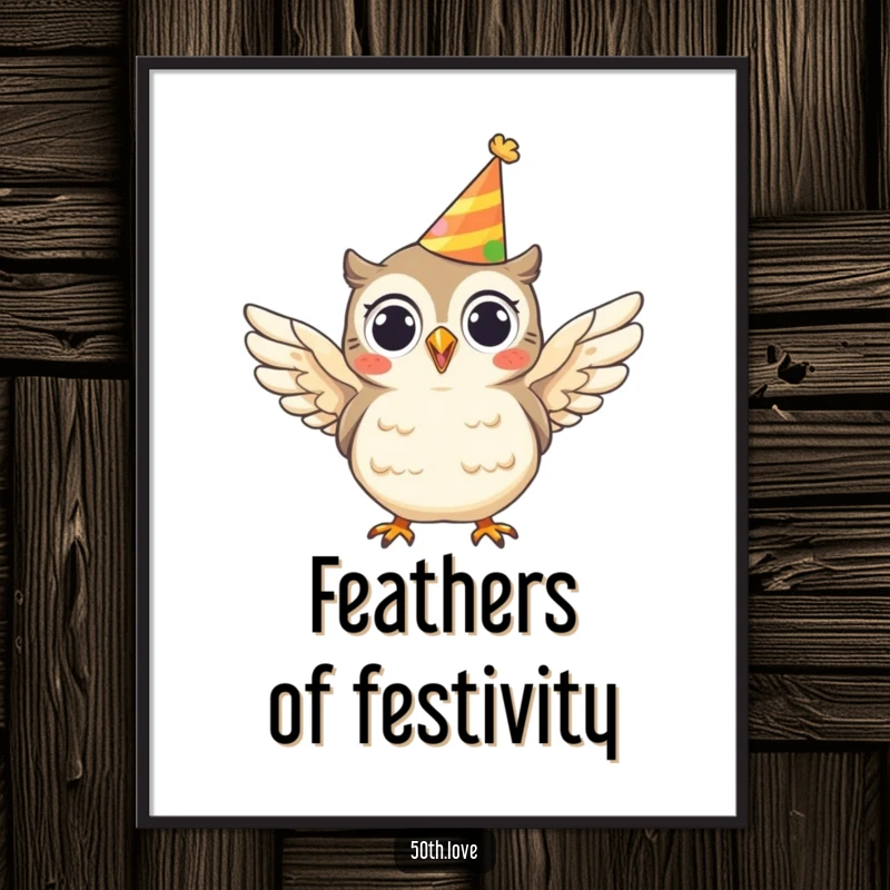 Funny digital art print of a cheerful owl with a party hat, flapping wings enthusiastically, perfect for whimsical decor.
