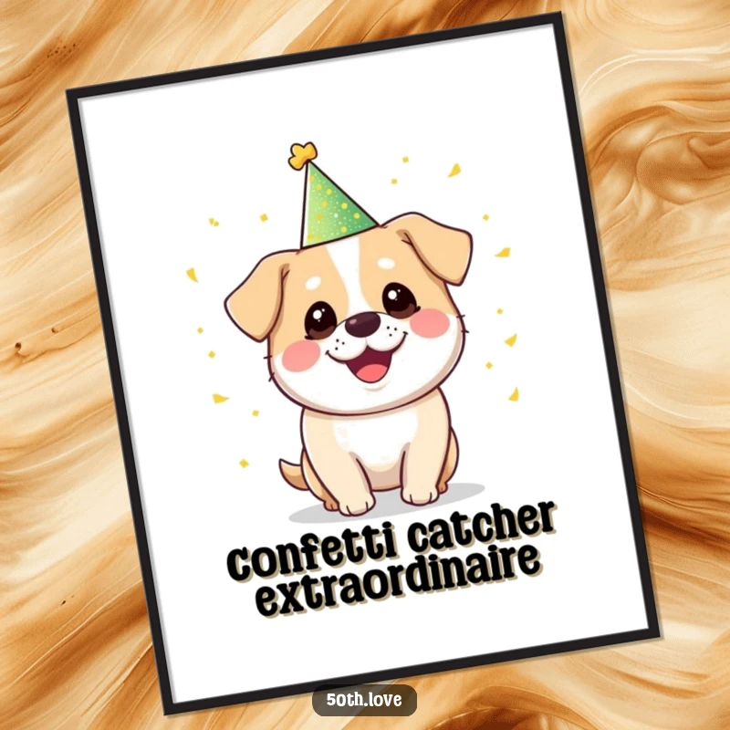 Funny 'Party Dog' Digital Art Print: A happy, round dog in a party hat juggles golden confetti with pure, unadulterated fun.