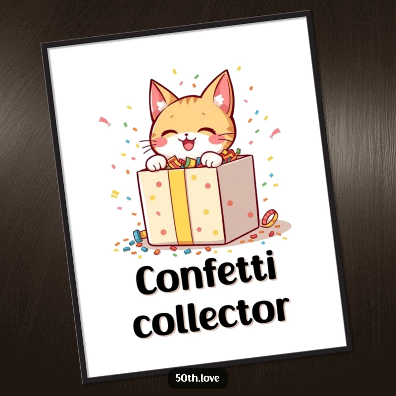 Funny digital art print of a cheerful cat character eagerly opening a giant gift box showering confetti.