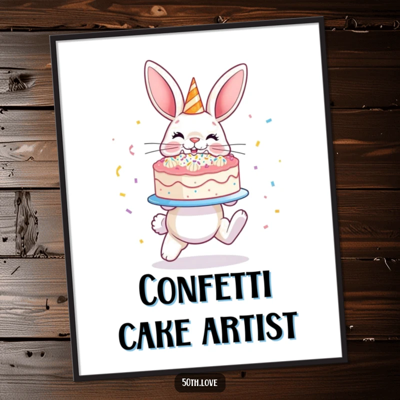 Funny 'Bunny Cake' Digital Art Print: A hopping bunny presents a glistening, confetti-covered cake, spreading festive cheer.