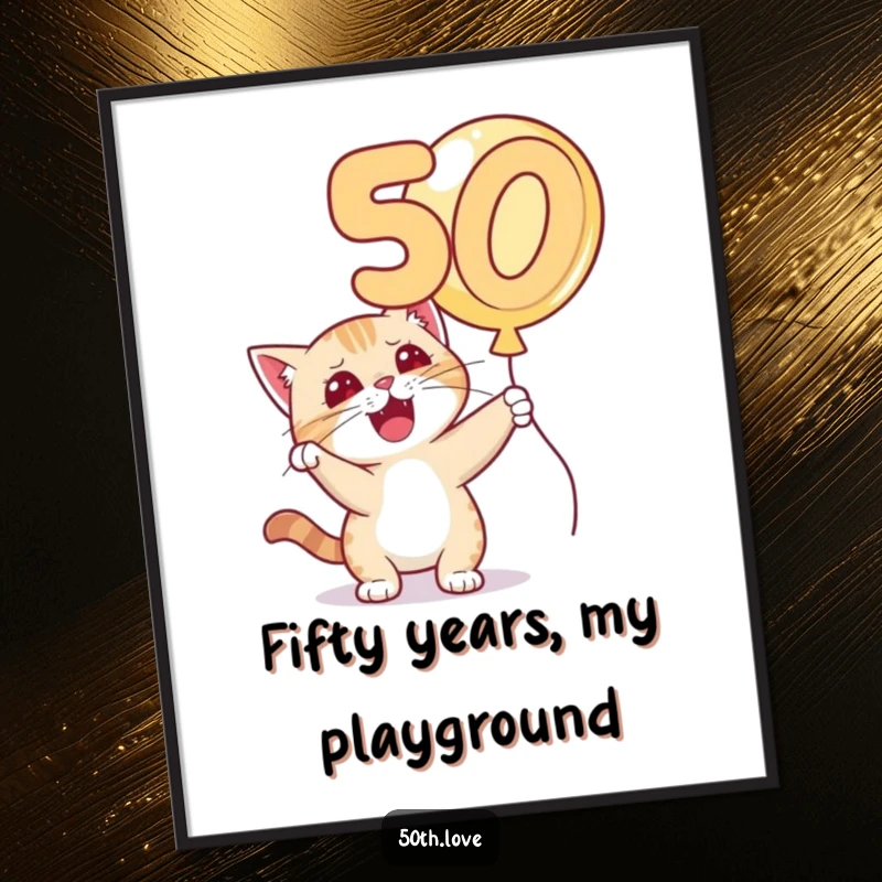 Funny 'Cat 50th Birthday' Digital Art Print: A mischievous cat bats at a golden number 50 balloon, full of playful energy.
