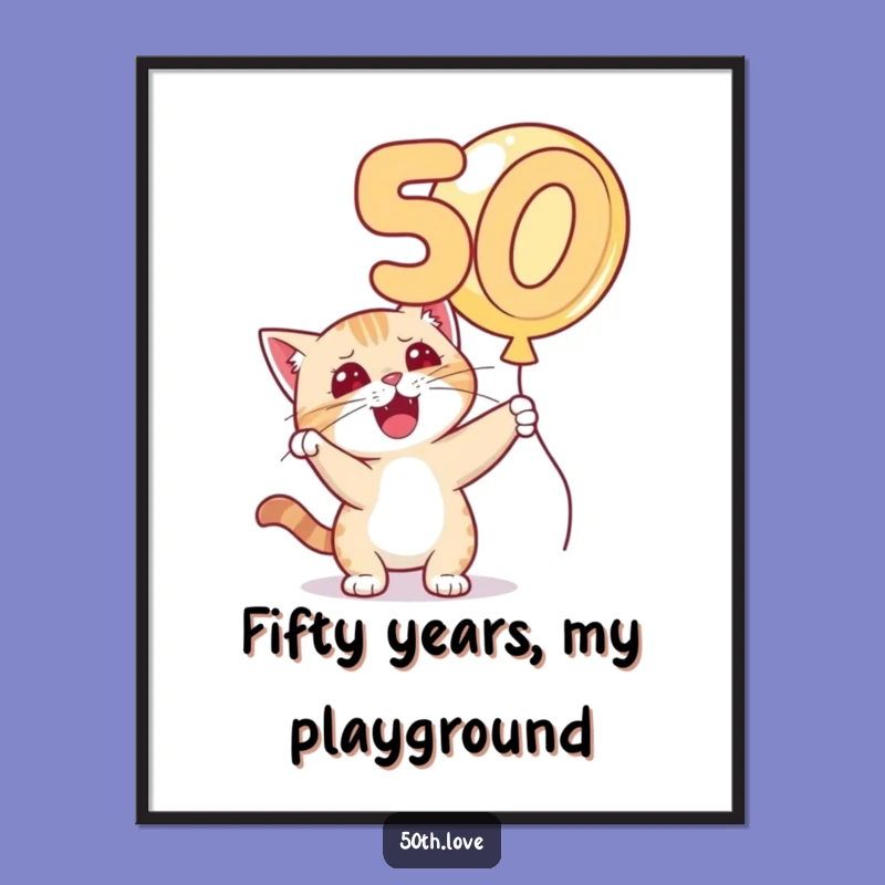 Funny Cat 50th Birthday Digital Art Print - Mischievous Balloon Decor