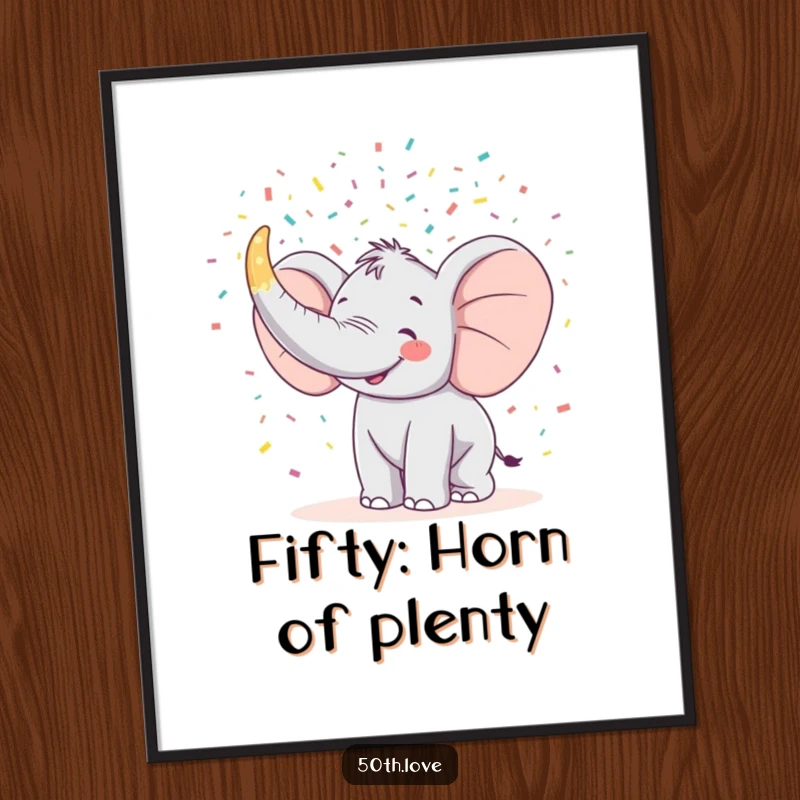 Funny digital art print of a happy elephant trumpeting confetti from a horn shaped like the number 50.