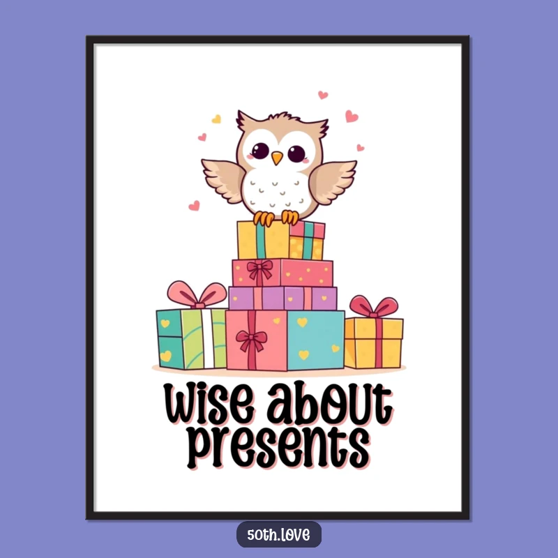 Funny Owl Anniversary Digital Art: Happy Character Hooting on Gift Stack Print