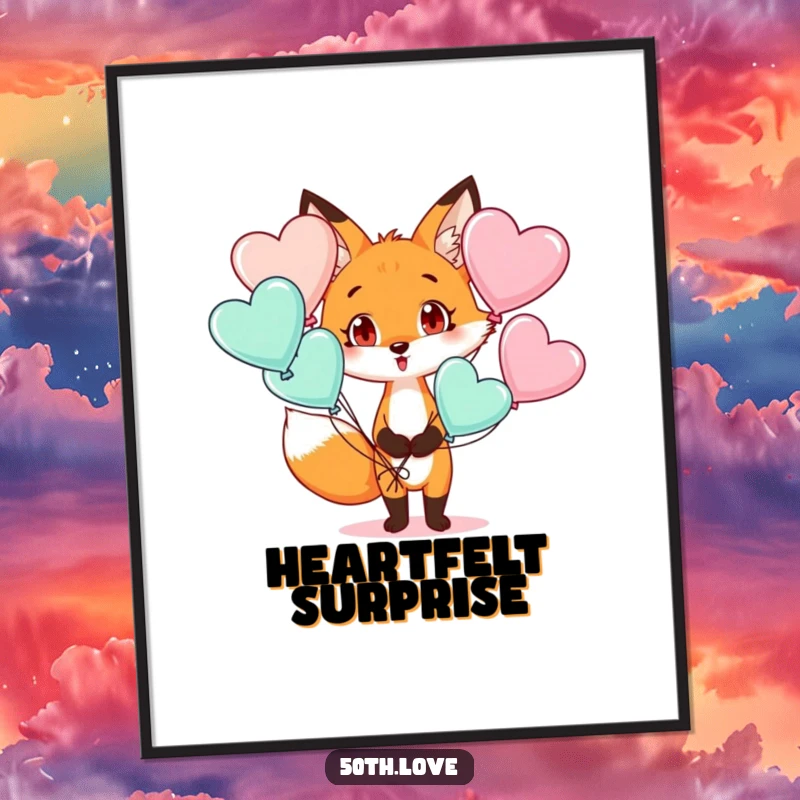 Funny digital art print of a fox with a surprised expression holding heart-shaped balloons, offering instant charm.