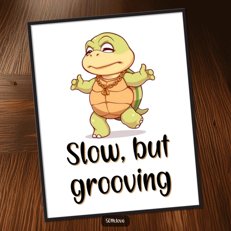 Funny 50th birthday digital art featuring an elderly turtle in a gold chain, doing a slow dance, perfect for printable decor.