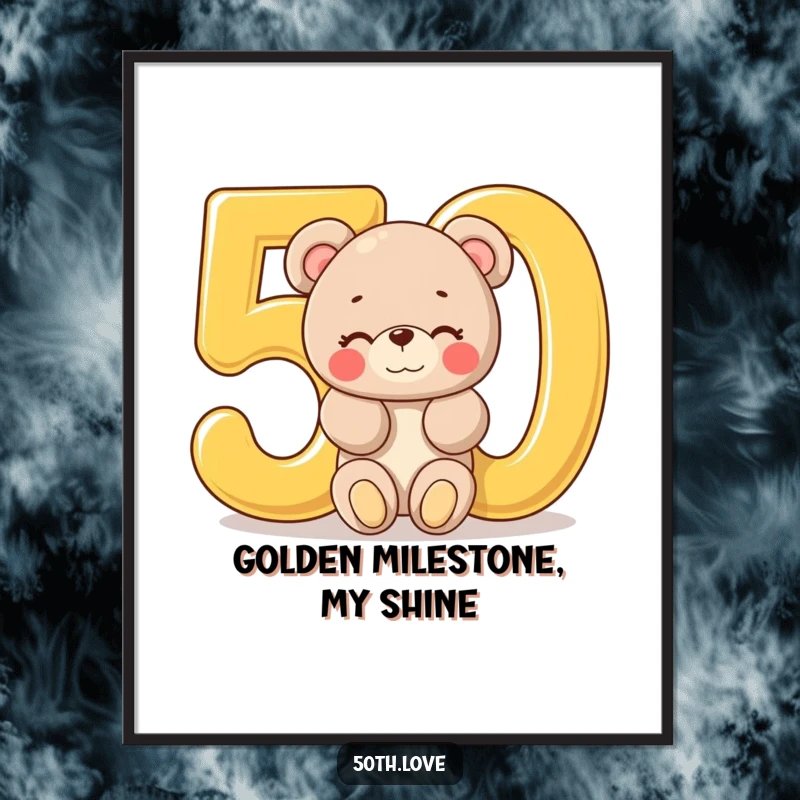 Funny '50th Birthday Bear' Digital Art Print: A plush bear winks from a giant golden number 50, celebrating a special 50th birthday.