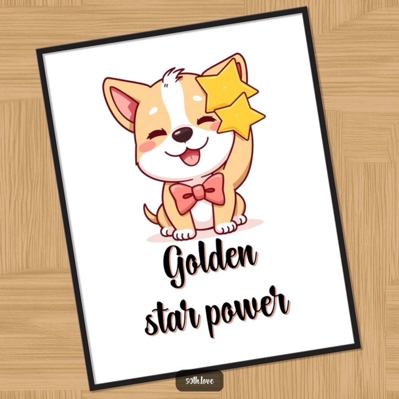 Funny dog wearing a bow tie winks and holds a golden star on a digital art print, perfect for star-themed birthday decor.