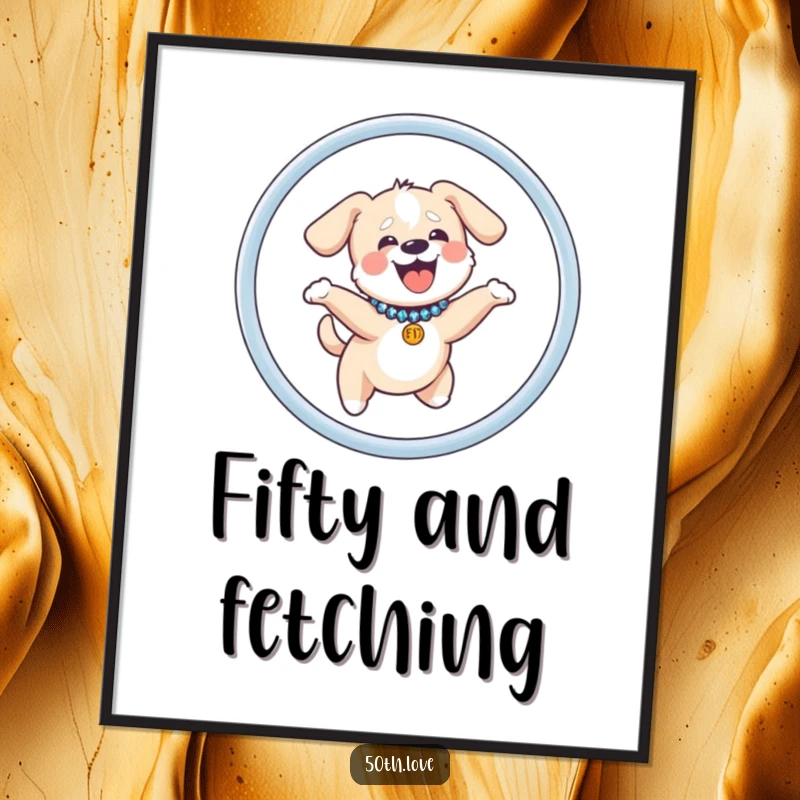 Funny dog digital art print of a small, giggling dog in a sequined collar, jumping triumphantly through a hoop marked '50'.