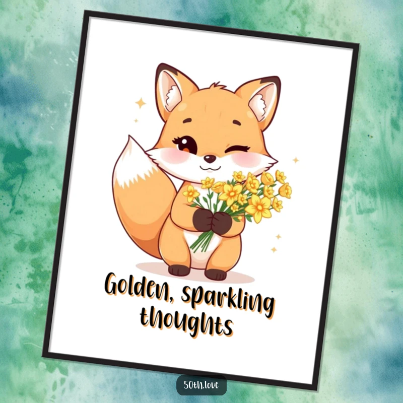 Funny fox digital art print of a cheerful fox winking slyly, holding a sparkling bouquet of golden flowers.