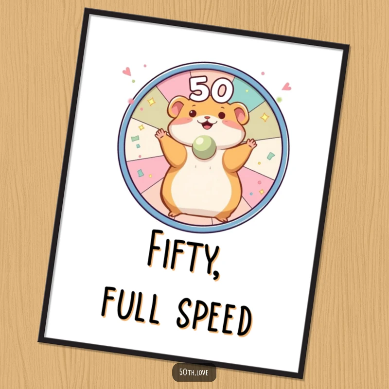 Funny hamster spinning a wheel adorned with confetti and the number 50 on a digital art print, perfect for festive birthday decor.