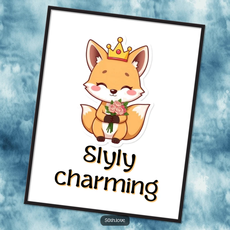 Funny digital art print of a giggling fox wearing a silly crown, winking, and holding a flower bouquet.
