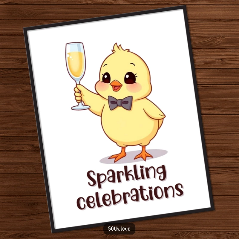 Funny chick digital art print of a chick in a bow tie, bouncing and holding a sparkling champagne flute aloft.