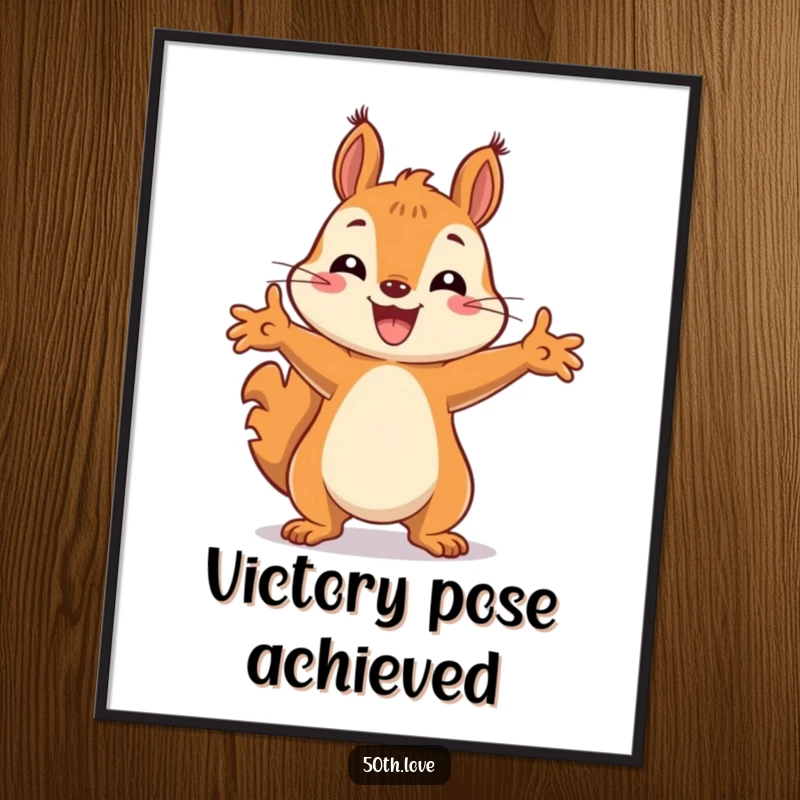 Funny digital art of a happy squirrel striking a celebratory pose, radiating pure joy and fun.