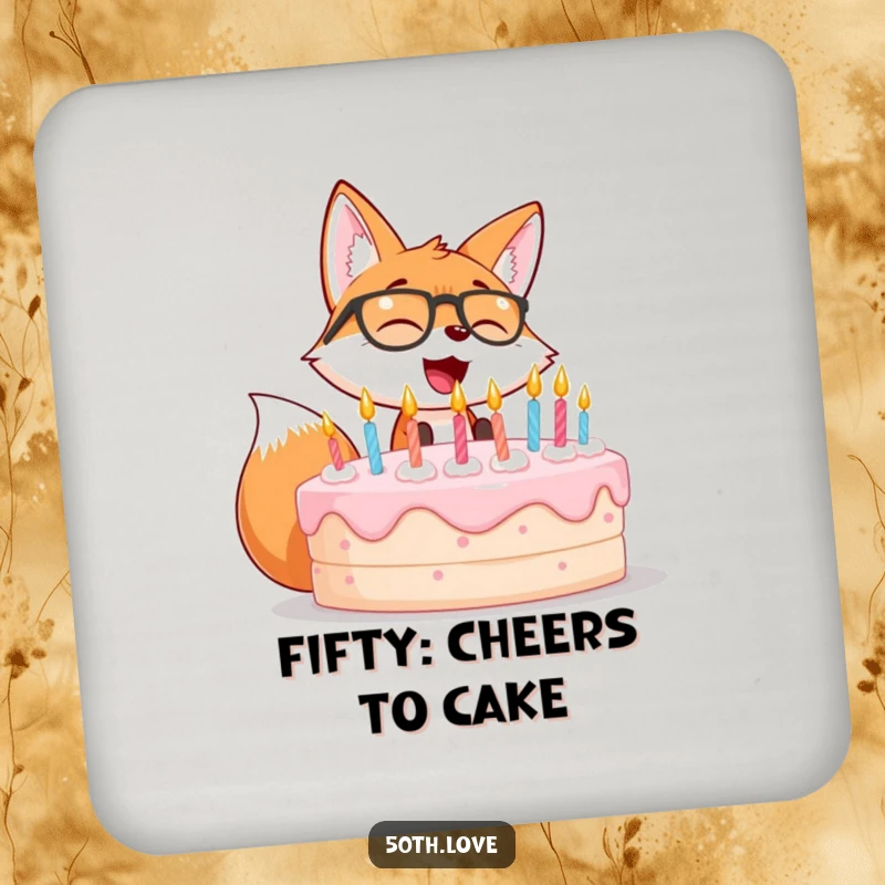 Funny drink coaster featuring a giggling fox wearing spectacles, blowing out candles on a birthday cake.
