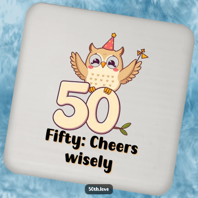 Funny drink coaster featuring a delighted owl perched on the number 50, waving a tiny festive banner.