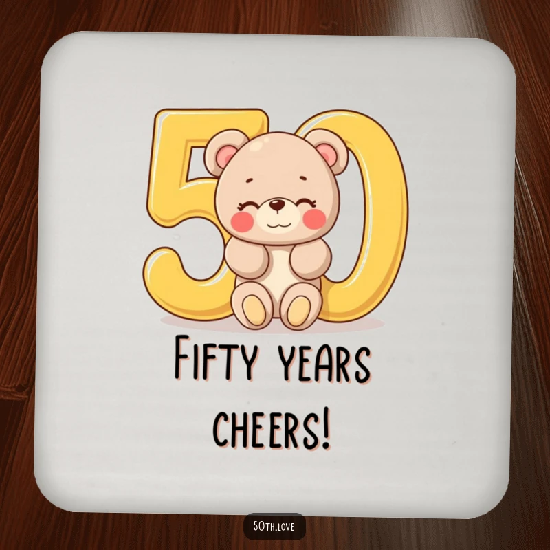 Funny '50th Birthday Bear' Coaster: A plush bear peeks out of a golden number 50, winking to protect your surfaces with fun.