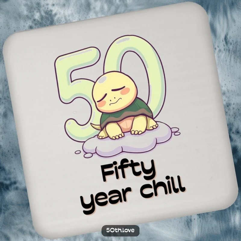 Funny 50th birthday drink coaster featuring a sleepy turtle emerging from a number '50', adding humorous protection to surfaces.