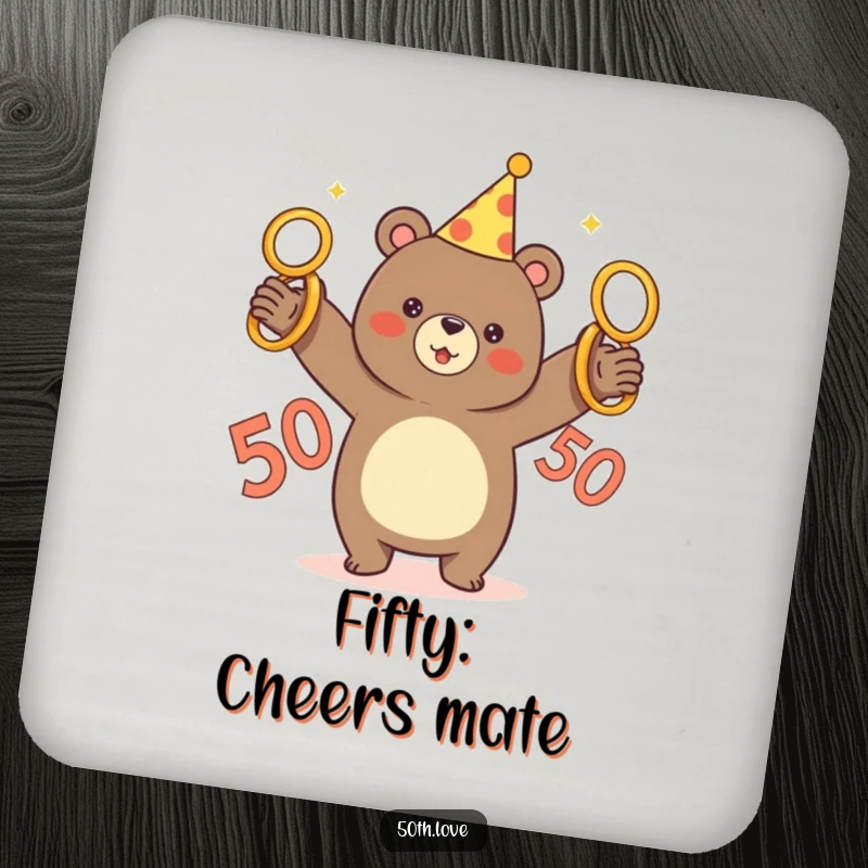 Funny drink coaster featuring a bear in a party hat juggling five golden rings, a 50th birthday theme.