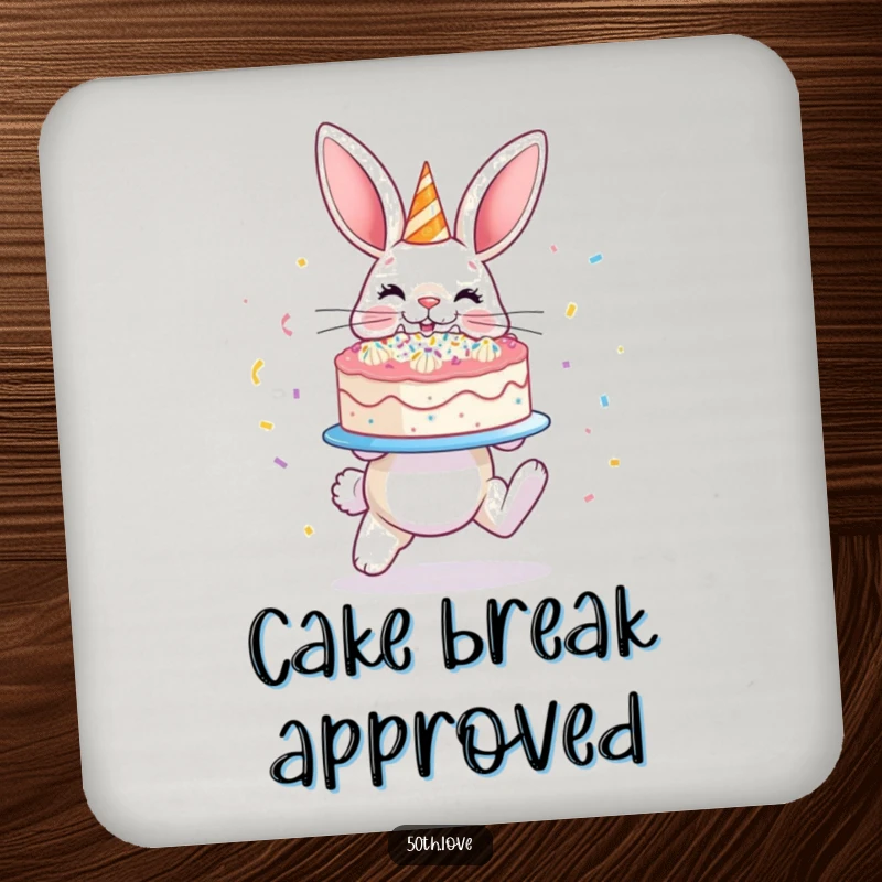 Funny 'Bunny Cake' Coaster: A hopping bunny presents a confetti-covered cake, adding a humorous touch to your drink setup.