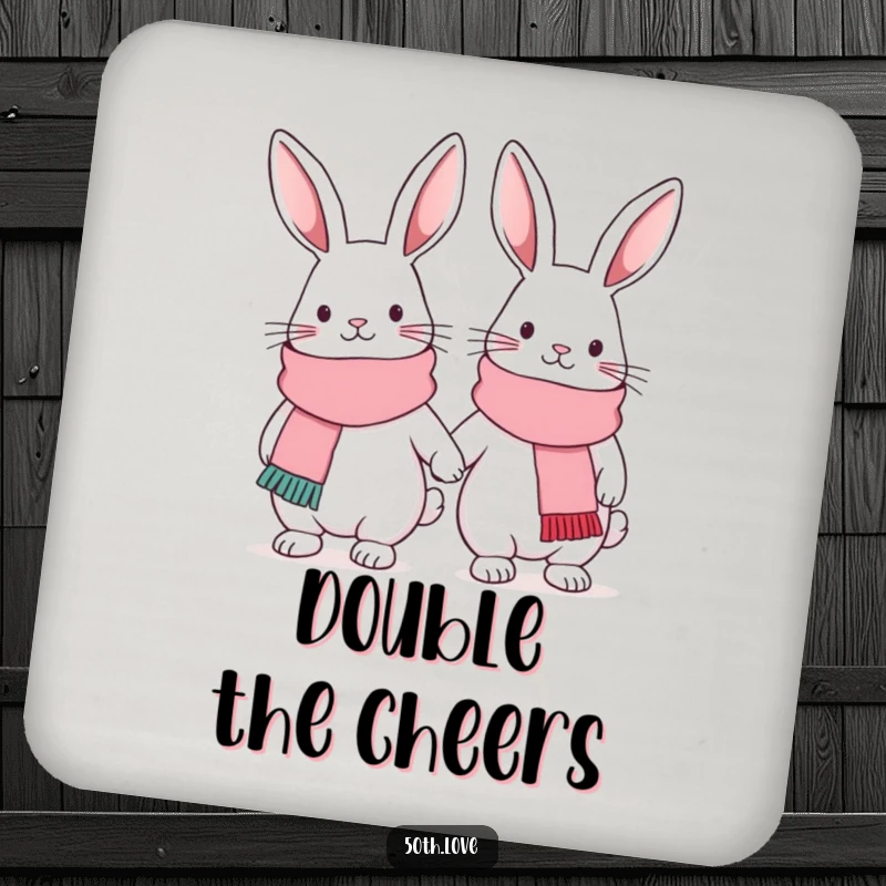 Funny friendship drink coaster featuring two cute bunnies in matching scarves, linked arm-in-arm, protecting surfaces humorously.
