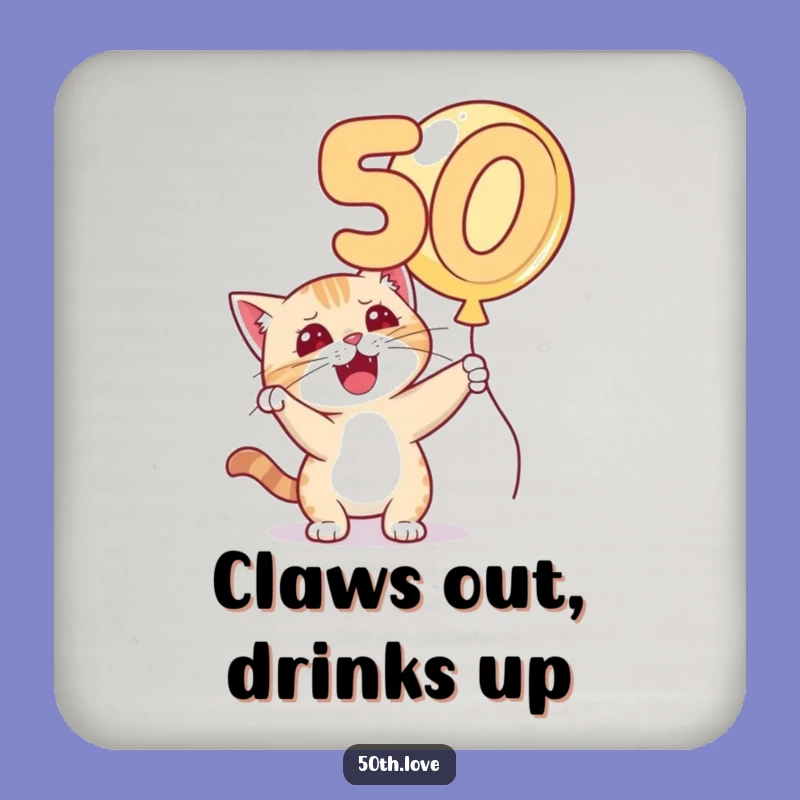 Funny Cat 50th Birthday Coaster - Mischievous Balloon Batting Decor