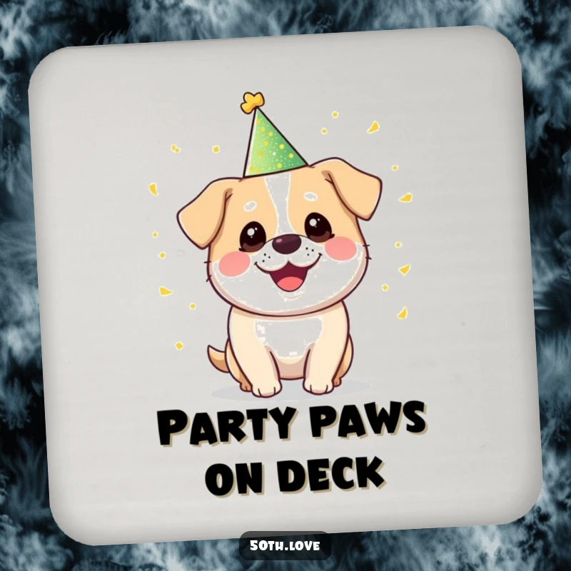 Funny 'Party Dog' Coaster: A round, smiling dog juggles golden confetti, adding a humorous touch to your drink setup.