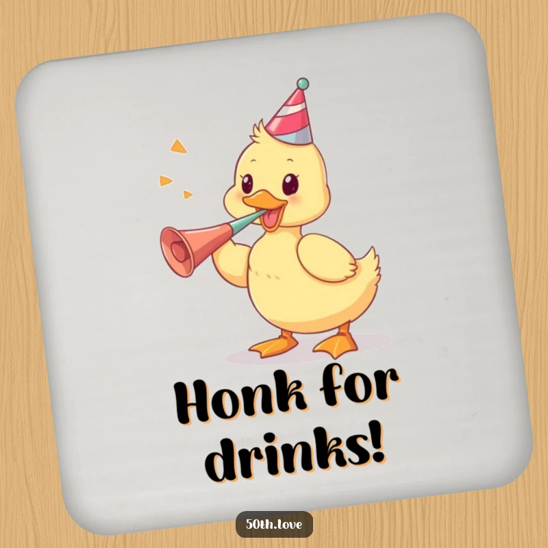 Funny drink coaster featuring a playful duckling vigorously blowing a party horn, protecting surfaces with humor and cheer.