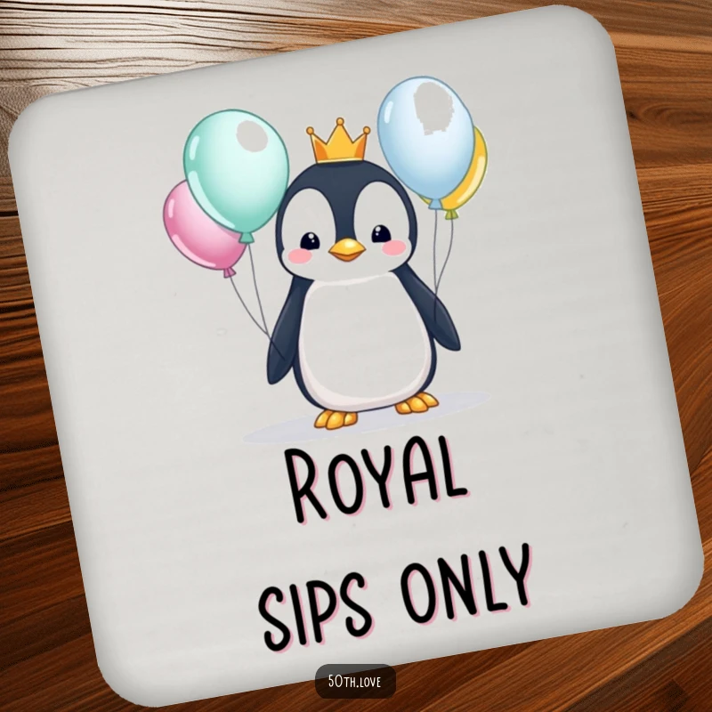 Funny penguin wearing a crown inspects shiny balloons on a drink coaster, adding royal flair to birthday celebrations.