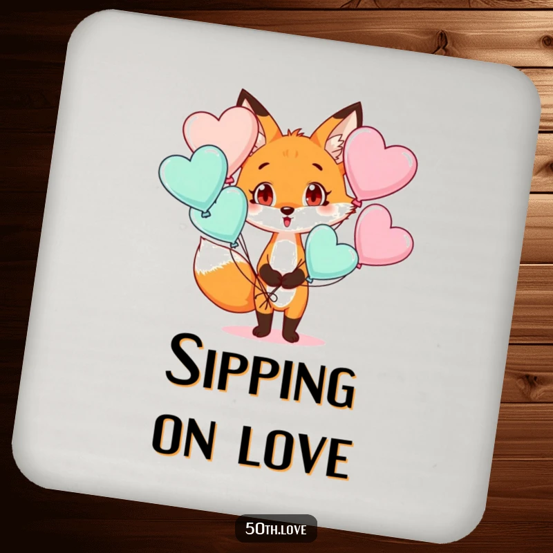 Funny drink coaster featuring a surprised fox holding heart-shaped balloons, adding humorous protection with charm.