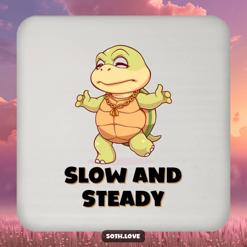 Funny 50th birthday drink coaster featuring an elderly turtle in a gold chain, doing a slow dance, protecting surfaces humorously.