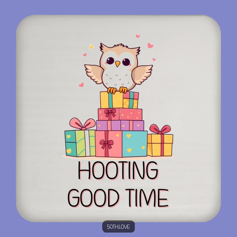 Funny Owl Anniversary Coasters: Happy Characters Hooting on Gift Stacks Set