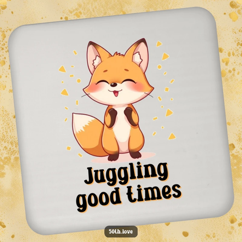 Funny drink coaster featuring a giggling fox juggling streams of golden confetti, protecting surfaces with humor.