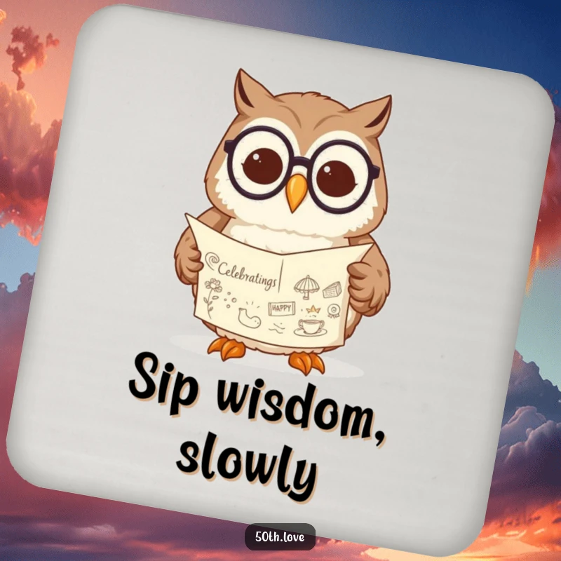 Funny owl coaster with spectacles, reading a scroll adorned with celebratory drawings, protecting surfaces with wisdom.