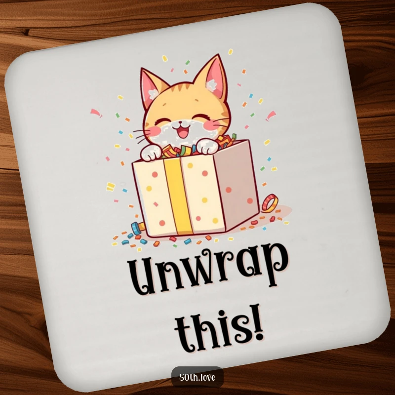 Funny coasters set showing cheerful cat characters excitedly unwrapping gift boxes overflowing with confetti.