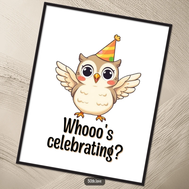 Funny art poster of a cheerful owl wearing a party hat and enthusiastically flapping its wings, symbolizing fun and wisdom.