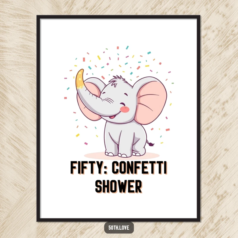 Funny poster of a happy elephant trumpeting a shower of confetti from a large horn shaped like '50'.