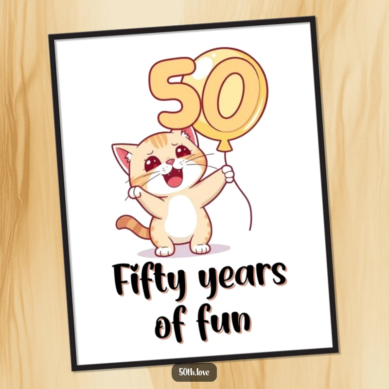 Funny 'Cat 50th Birthday' Poster: A playful cat with a mischievous grin bats at a large golden number 50 balloon.